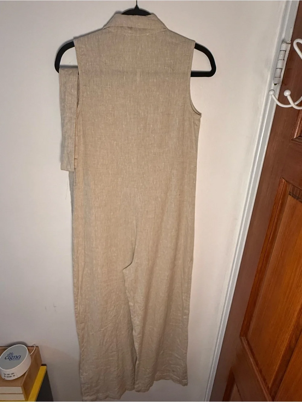 Mango Linen Sleeveless Belted Linen Jumpsuit in Beige